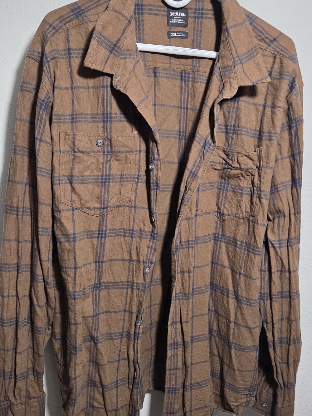 Prana Men's Brown Plaid Button-Down Shirt with Navy Checks